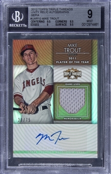 2012 Topps Triple Threads Unity #TTUAR-10 Mike Trout Signed Jersey Card (#28/75) - BGS MINT 9/BGS 10